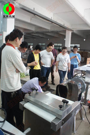 客戶親臨我司測試木瓜削皮、瓜果切丁及蔬果分瓣等加工處理設(shè)備！