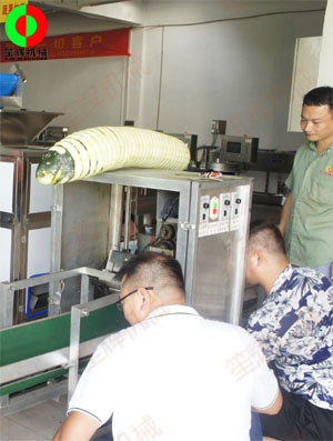 東莞客戶來(lái)廠現(xiàn)場(chǎng)測(cè)試臥式冬瓜削皮加工機(jī)械設(shè)備！